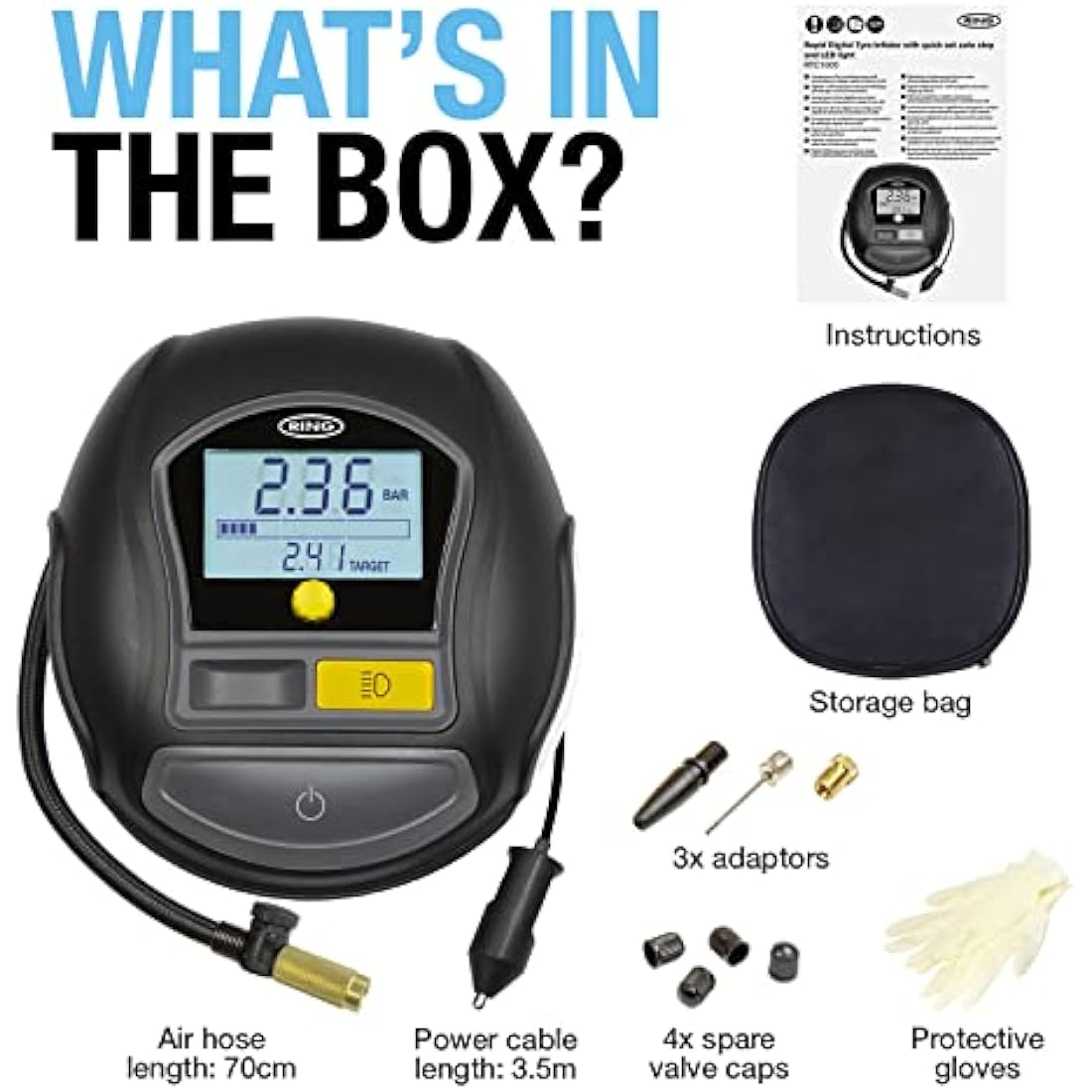 Ring Automotive Tyre Inflator – Rapid Digital Air Compressor with Gauge