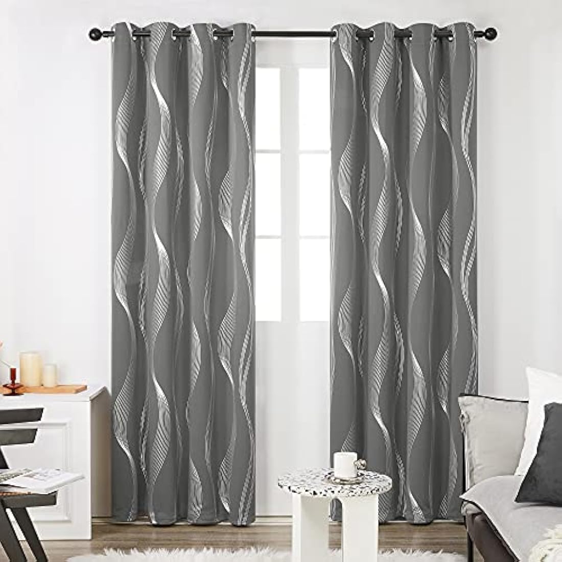 Deconovo Blackout Curtains – Silver Wave Foil Thermal Eyelet Panels, Grey
