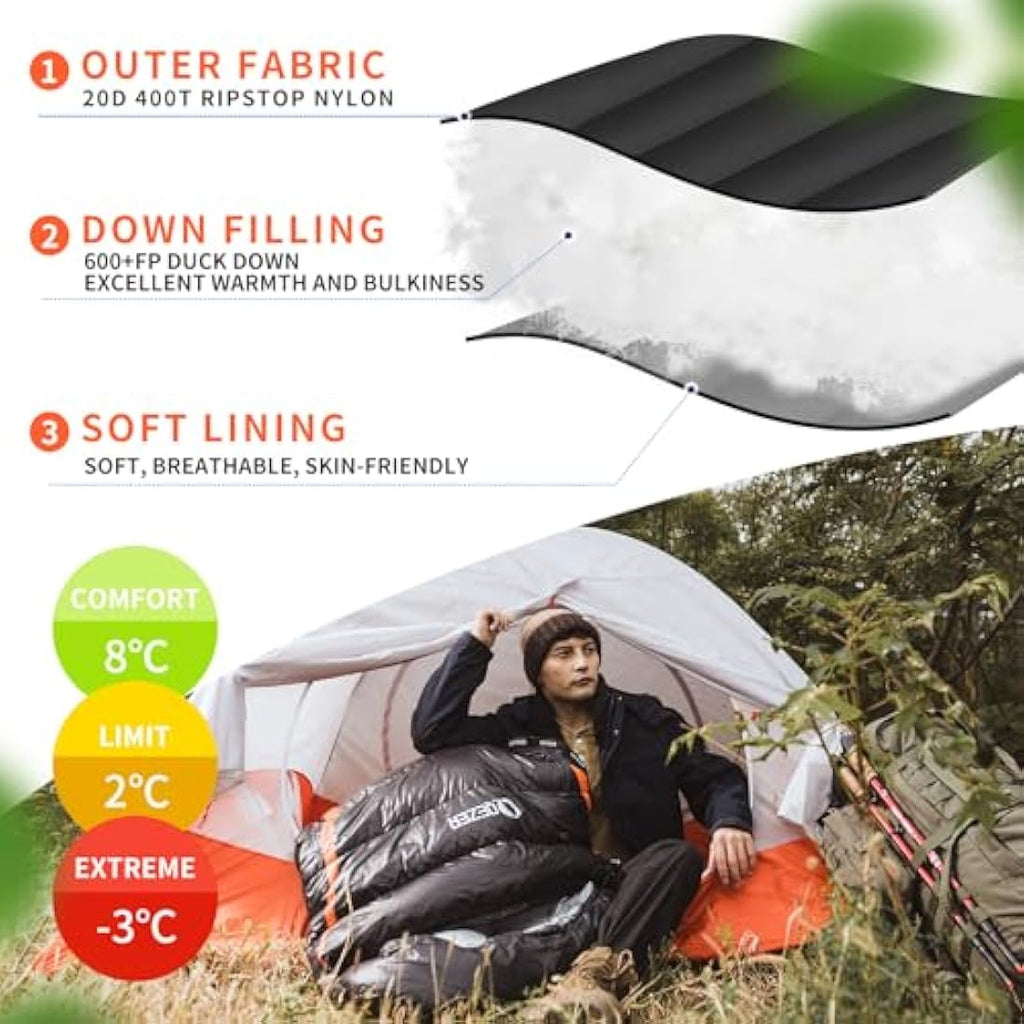 QEZER Down Sleeping Bag | Lightweight 4-Season Rectangular Nylon Bag
