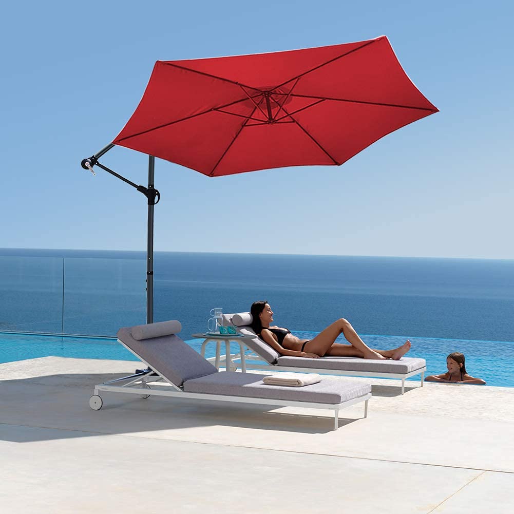 VOUNOT 3m Cantilever Garden Parasol – Tilting Banana Patio Umbrella, Red