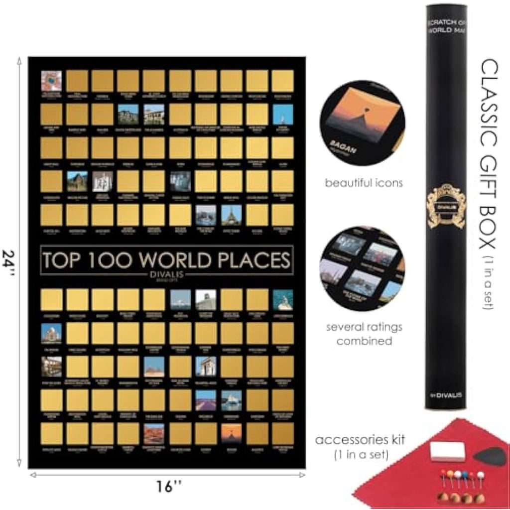 Jolof Store Scratch Off World Map & Top 100 Places Poster Gift Set