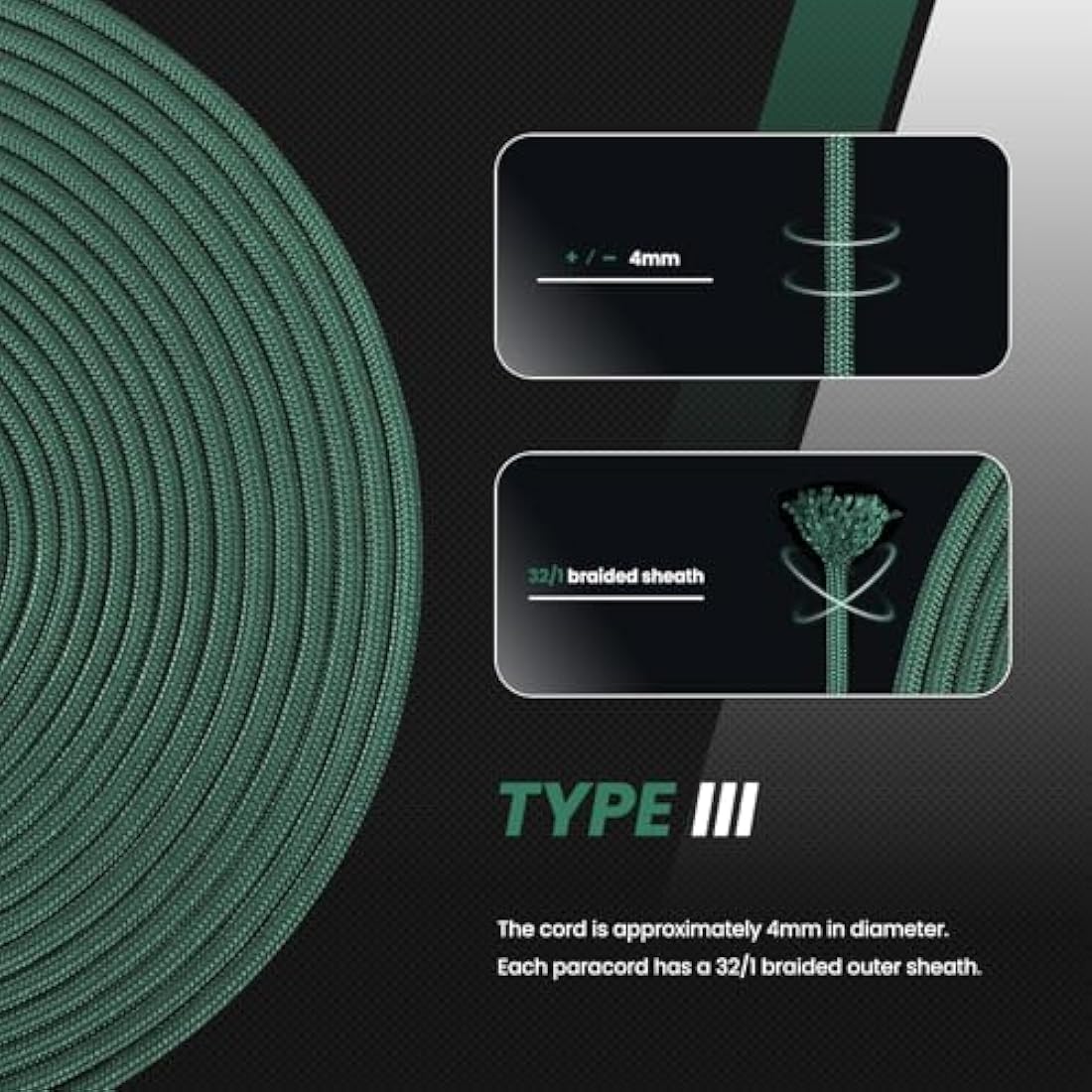 Abma Cord 4mm Nylon Paracord – 100m Type III 9-Strand Rope, Dark Green