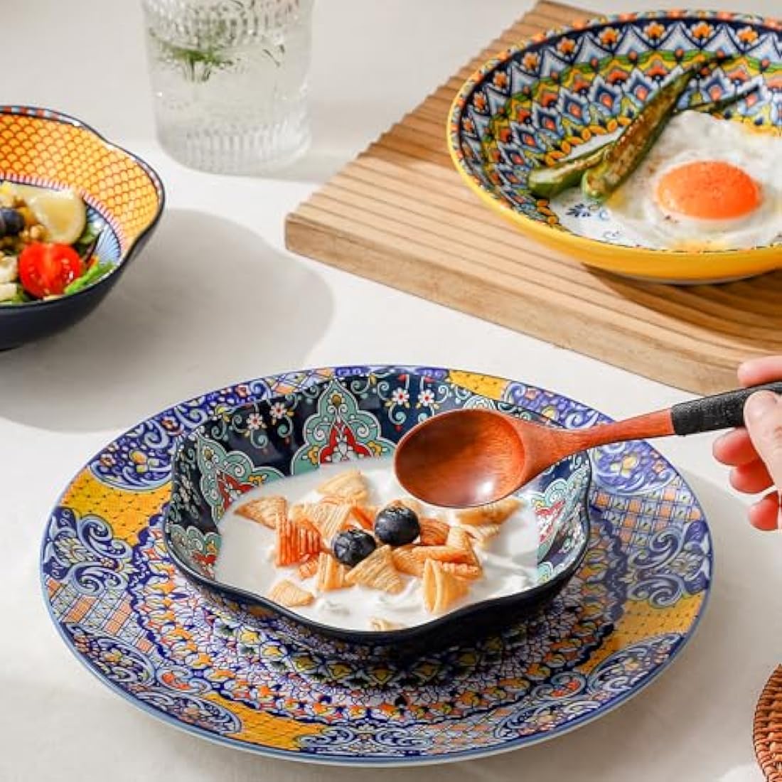 HENXFEN LEAD Bohemian Porcelain Flower Salad Bowls - 20oz, Set of 6