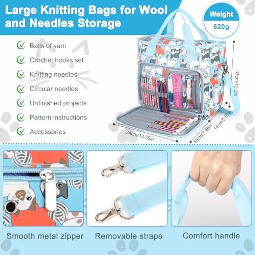 Aeelkie Knitting Bag - Large Yarn Storage Tote with Compartments, Blue Cat