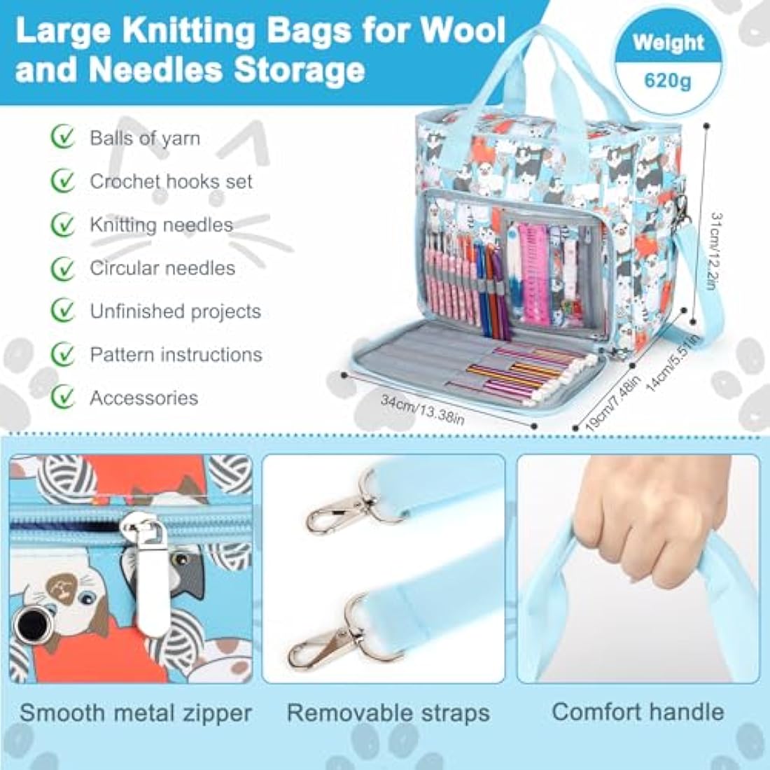 Aeelkie Knitting Bag - Large Yarn Storage Tote with Compartments, Blue Cat