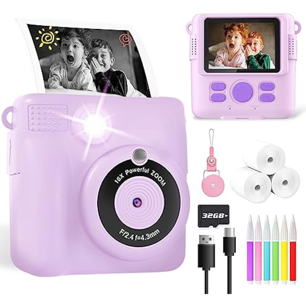 YORKOO Kids Instant Print Camera – 1080P HD Digital Toy with 32GB SD Card