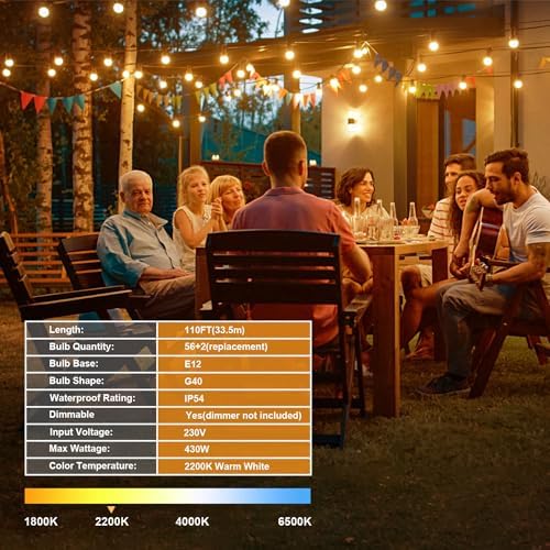 Torkase 110FT G40 Outdoor String Lights | 58 Shatterproof LED Bulbs