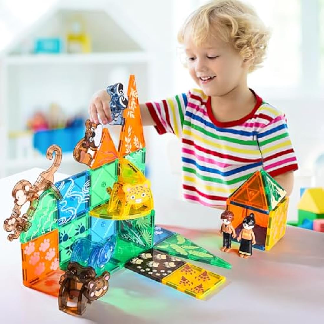 Jolof Store Magnetic Tiles Travel Set – 62pc STEM Animal Building Cubes