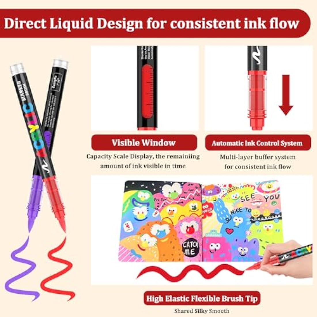 Gelanty 60 Colors Acrylic Paint Pens | Flexible Brush Tip Markers