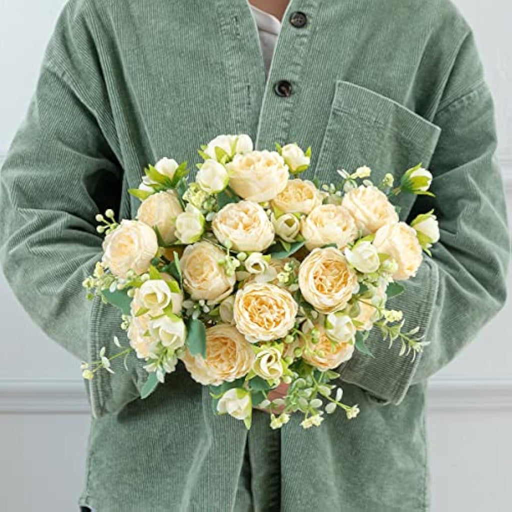 JUSTOYOU Artificial Silk Peony Bouquets - 4 Bunches, 20 Heads (Champagne)
