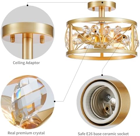 Jolof Store Crystal Leaf Chandelier – Gold 3-Light Semi-Flush Mount Light