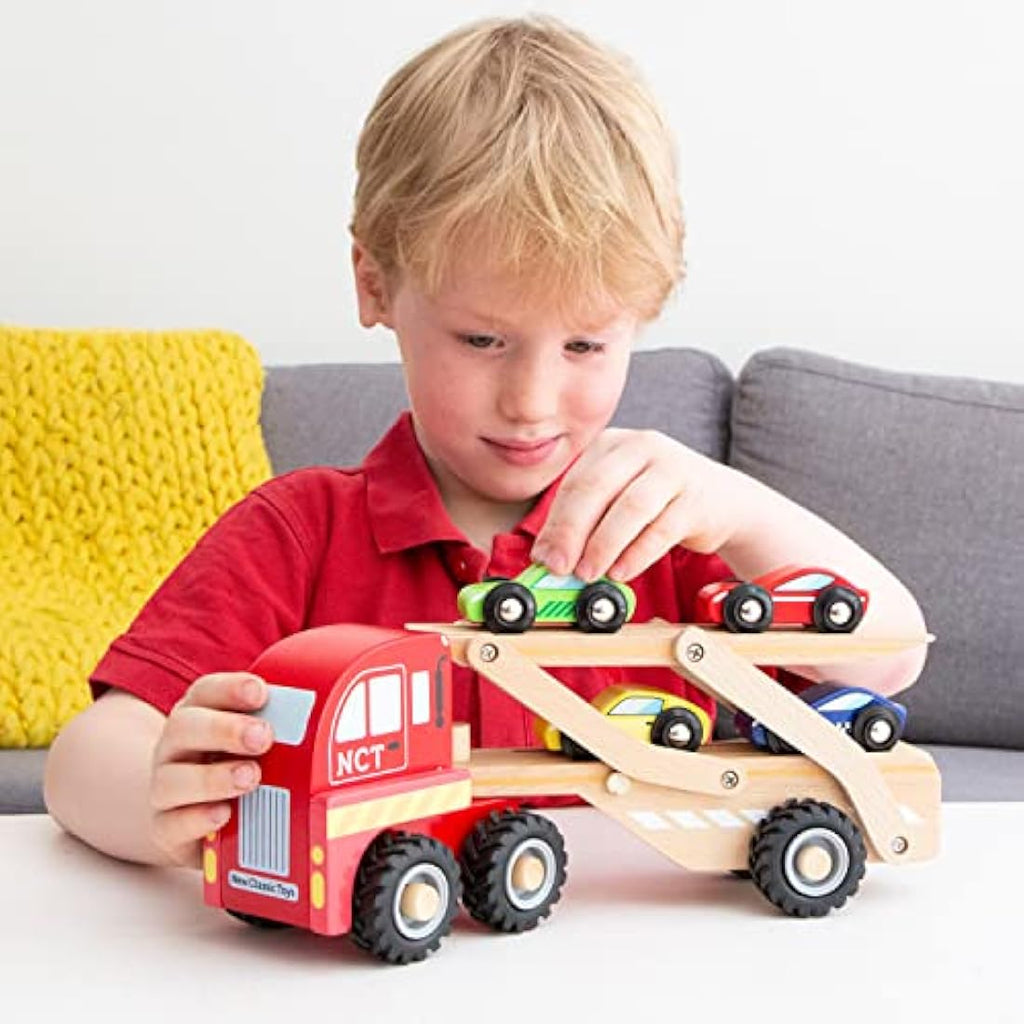 New Classic Toys Wooden Car Transporter - Montessori Toy with 4 Cars