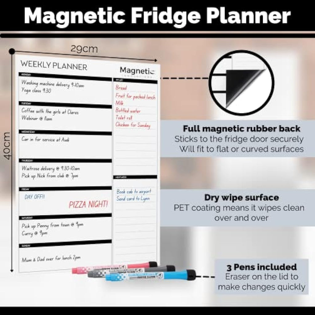 Magnetic Innovations A3 Weekly Planner Fridge Whiteboard with 3 Pens