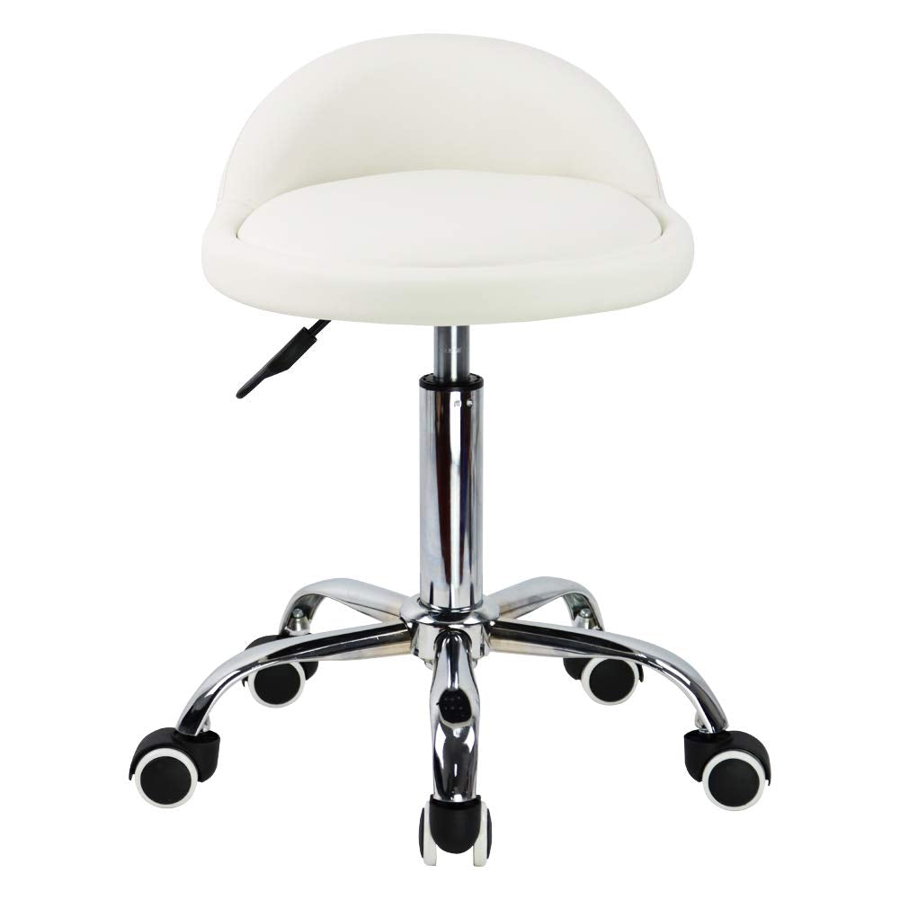 KKTONER PU Leather Rolling Stool with Backrest - White Swivel Chair