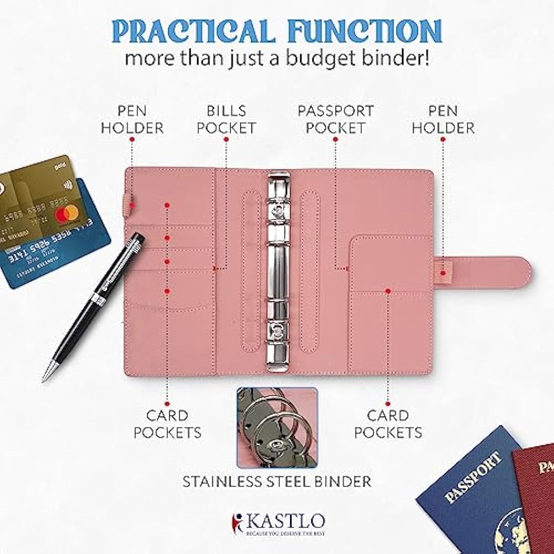 KASTLO A6 PU Leather Budget Binder - Cash Stuffing Wallet Organiser, Nude
