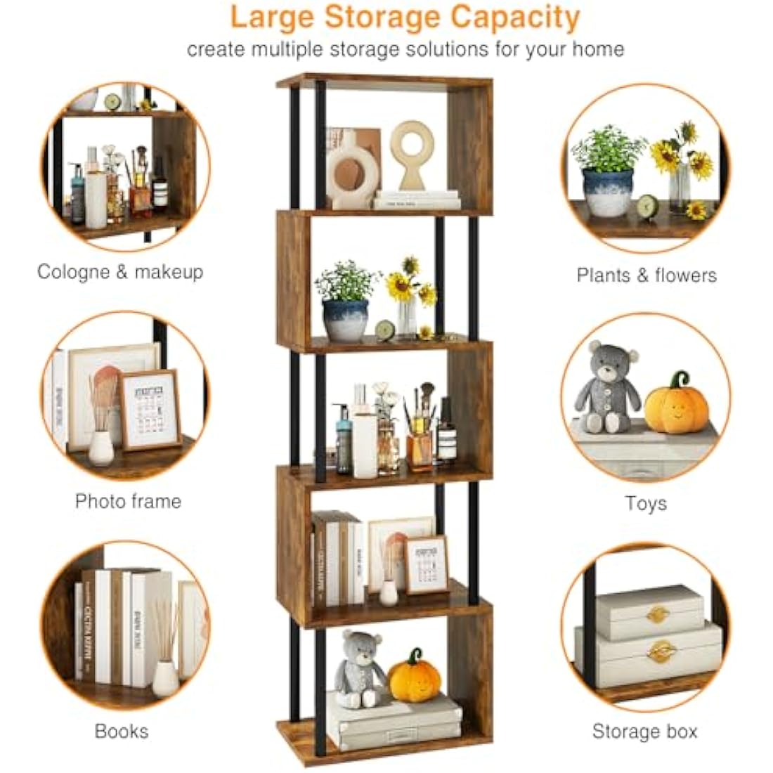 IBUYKE 6-Tier S-Shaped Geometric Bookshelf | Rustic Brown Wood Display Shelf