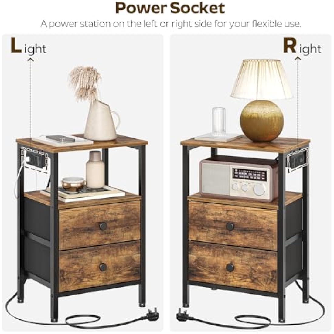 YATINEY Bedside Table with Charging Station | 2-Drawer Industrial Nightstand