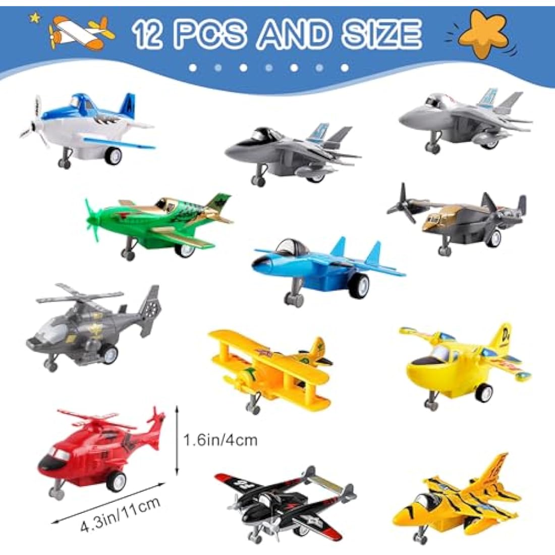 deAO Pull Back Toy Airplanes - 12 Piece Aircraft and Helicopter Playset