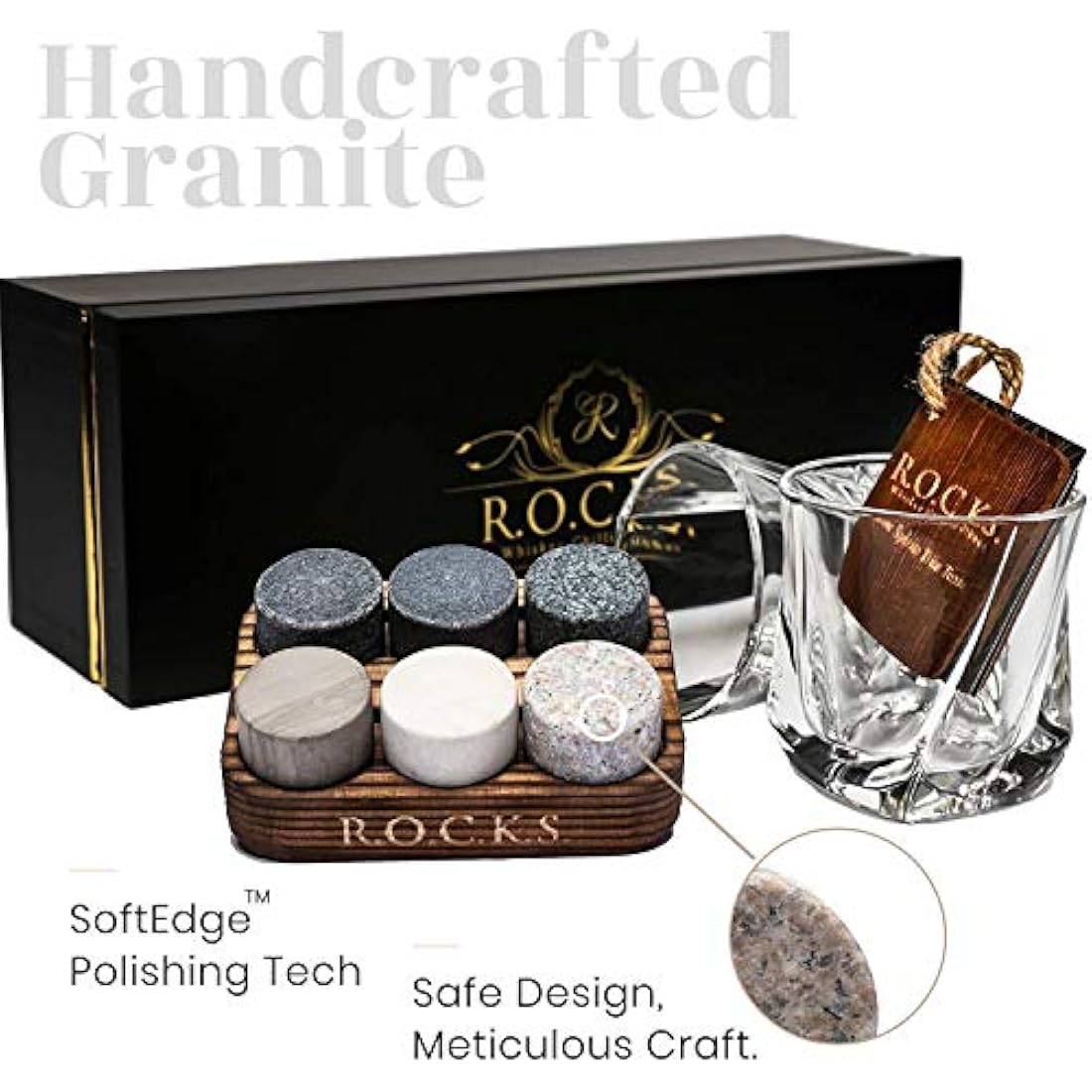 R.O.C.K.S. Whiskey Chilling Stones Gift Set | 6 Granite Rocks & 2 Glasses