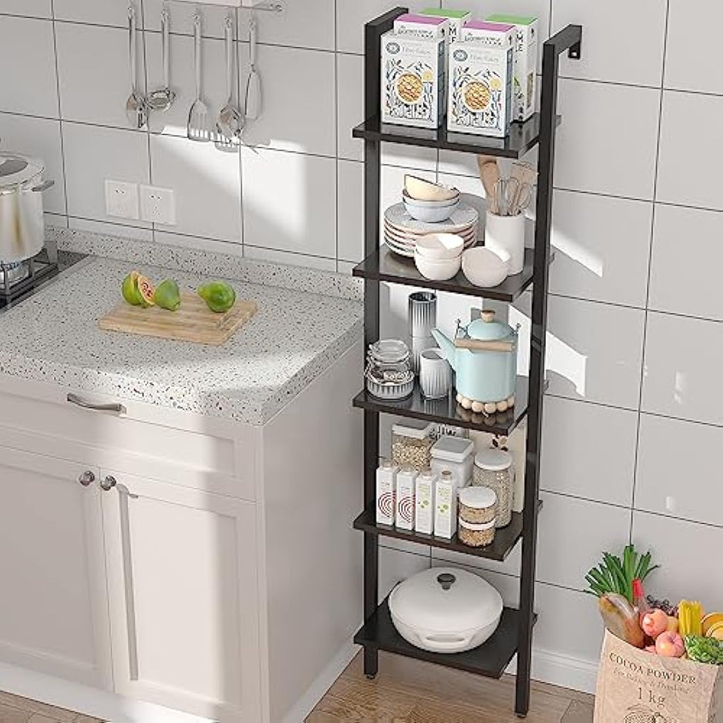 YMYNY 5-Tier Wall Mounted Ladder Shelf – Industrial Metal Bookcase Rack