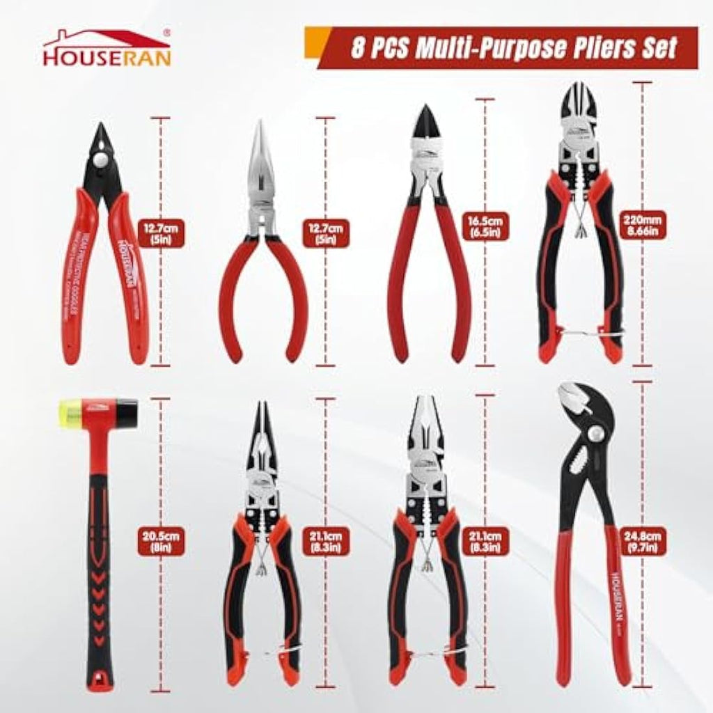 HOUSERAN 8-Piece Plier Set with Case – Non-Slip DIY Hand Tool Kit