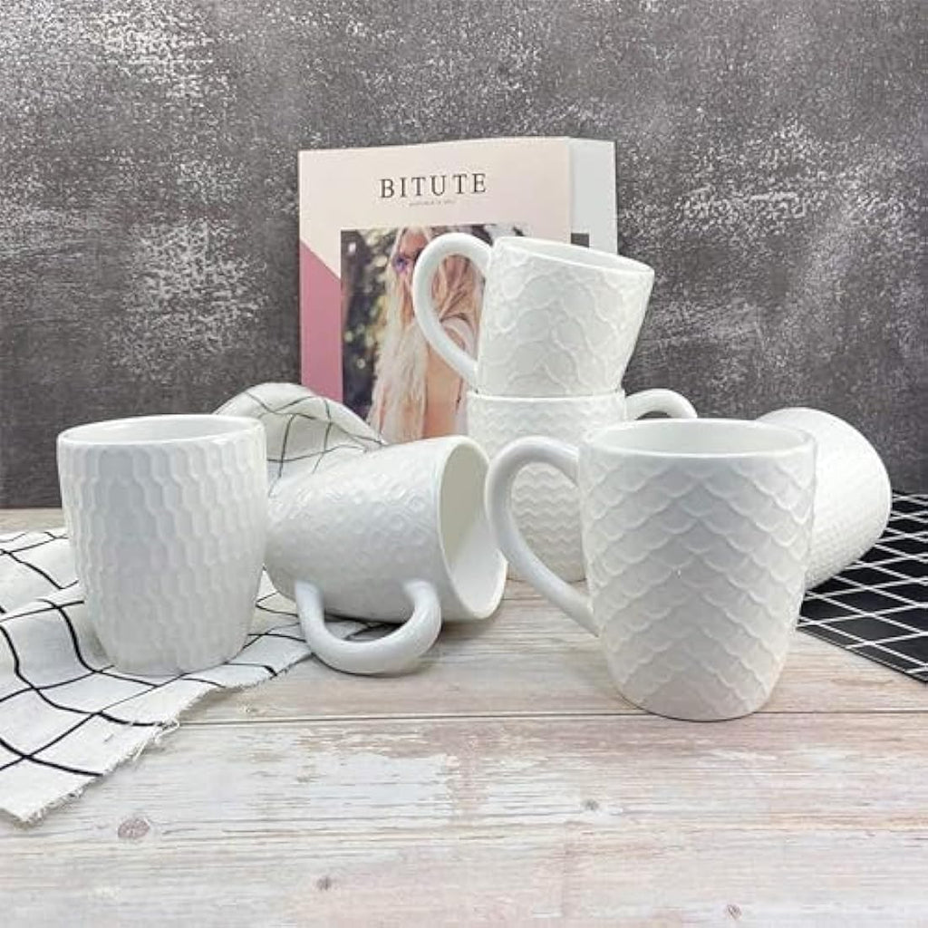 Hoikwo Bone China Coffee Mugs Set of 6 – 13oz White Embossed Cups