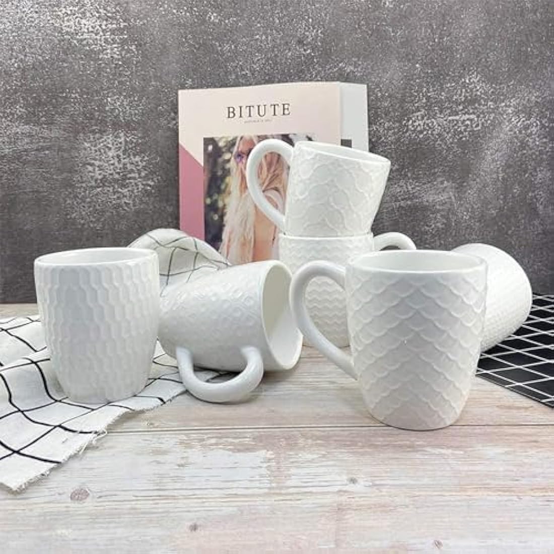 Hoikwo Bone China Coffee Mugs Set of 6 – 13oz White Embossed Cups