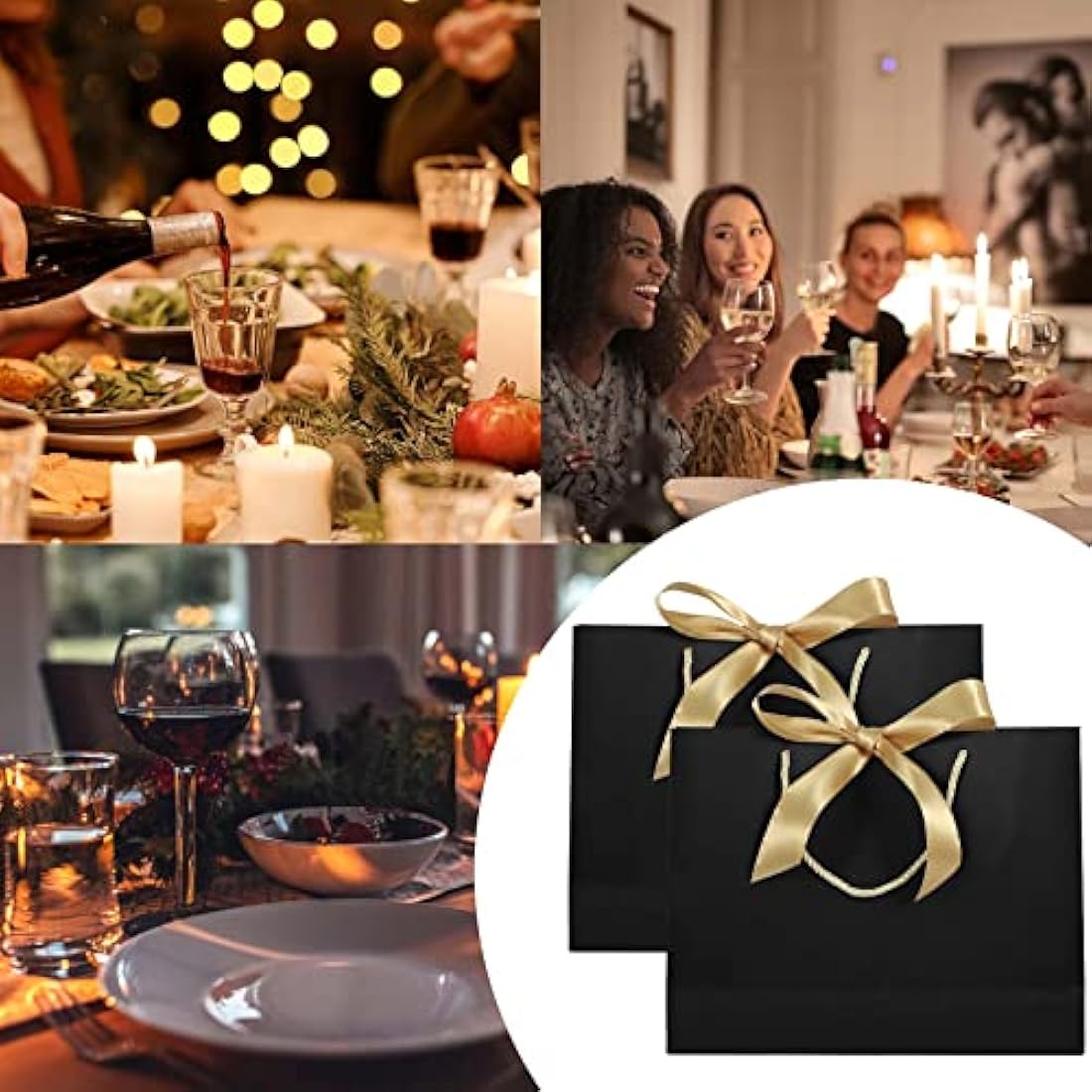 Black Gift Bags with Ribbon Bow - 8 Pack Paper Bags for Weddings