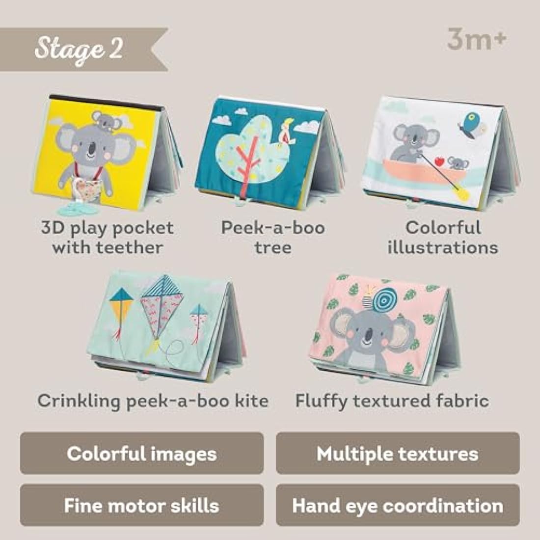 Taf Toys Koala Tummy Time Sensory Book – Soft Activity Book with Teether