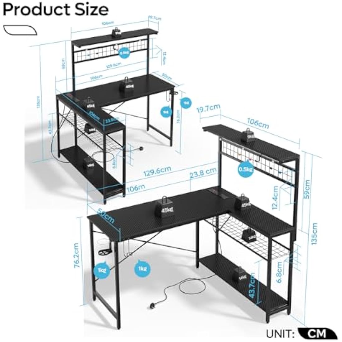 Bestier L-Shaped Gaming Desk with LED Lights and Power Outlets – 129cm