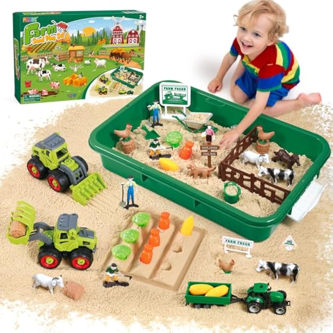 FRUSE Farm Animal Play Sand Set – 38pc Sensory Sandbox with Tractor Toys