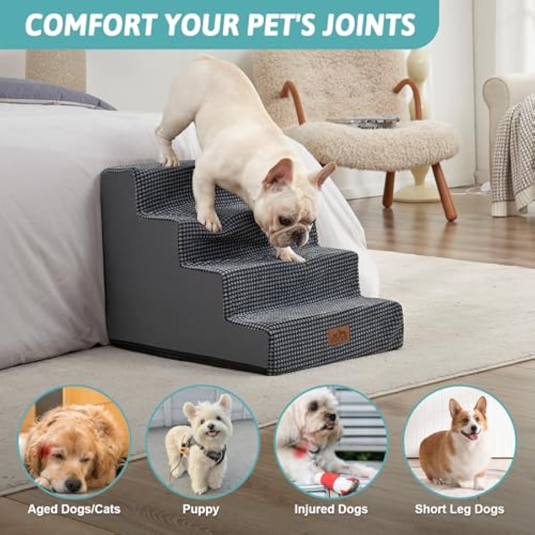 COZY KISS 4-Tier Foam Dog Stairs | Non-Slip Pet Steps for Small Dogs