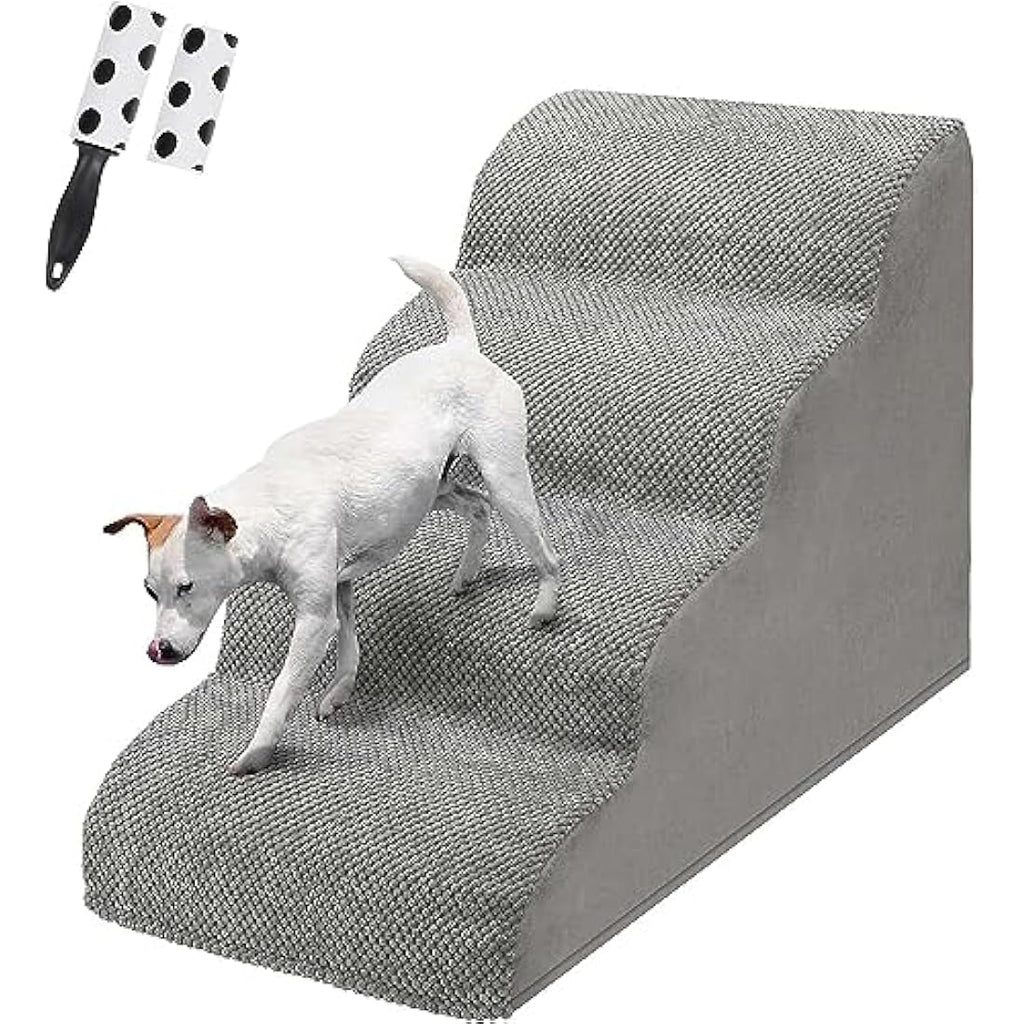 4-Step Foam Dog Stairs for Bed – Non-Slip Pet Ramp, Grey