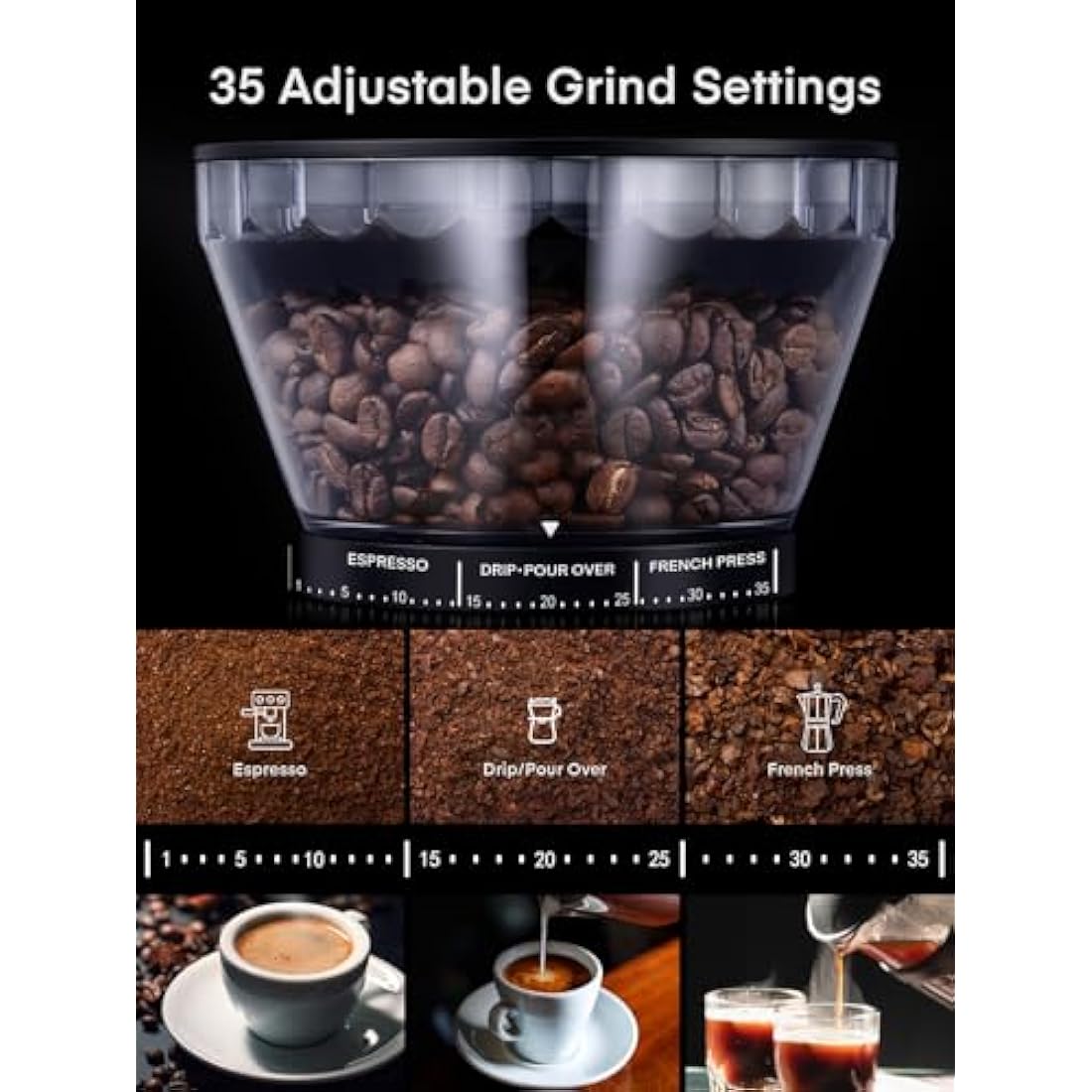 FOHERE Conical Burr Coffee Grinder - 35 Precise Settings for Espresso