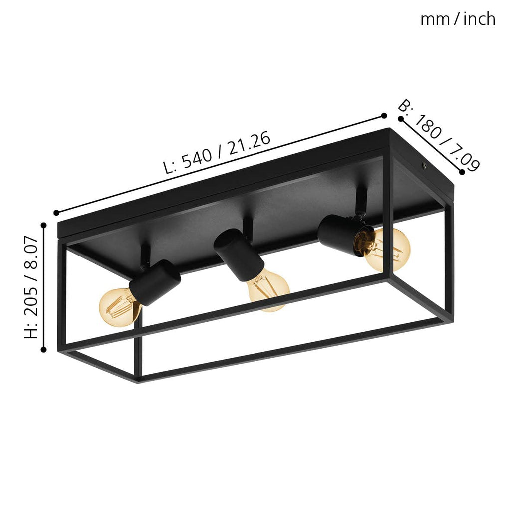 Eglo Silentina Industrial Black Steel Flush Ceiling Light | E27 Socket