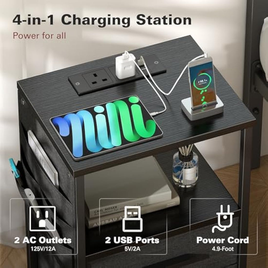 Industrial Nightstand with Charging Station & 2 Drawers
