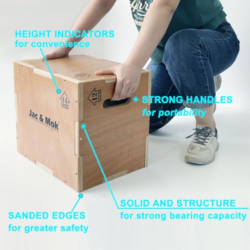 Jac & Mok Wooden Plyo Box – Non-Slip Plyometric Jump Box, 16/14/12