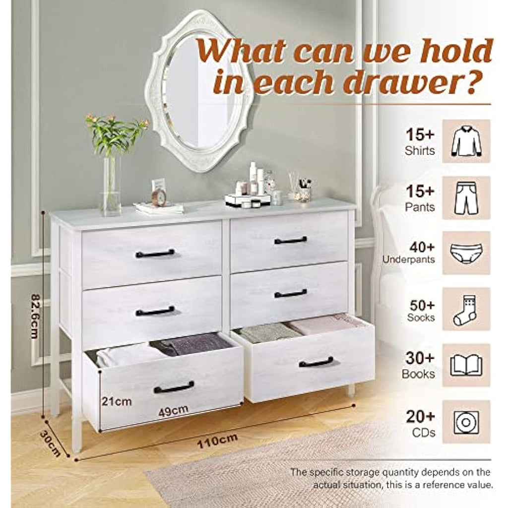 LYNCOHOME 6 Drawer Chest of Drawers | White TV Stand with Metal Frame
