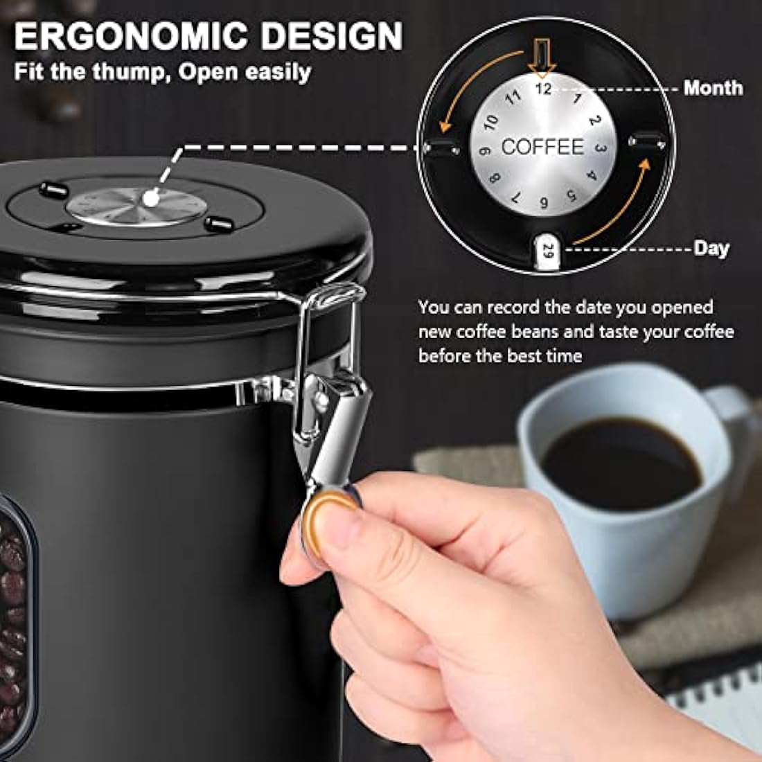 ROCKY&CHAO Airtight Coffee Canister - 2800ml Stainless Steel Storage