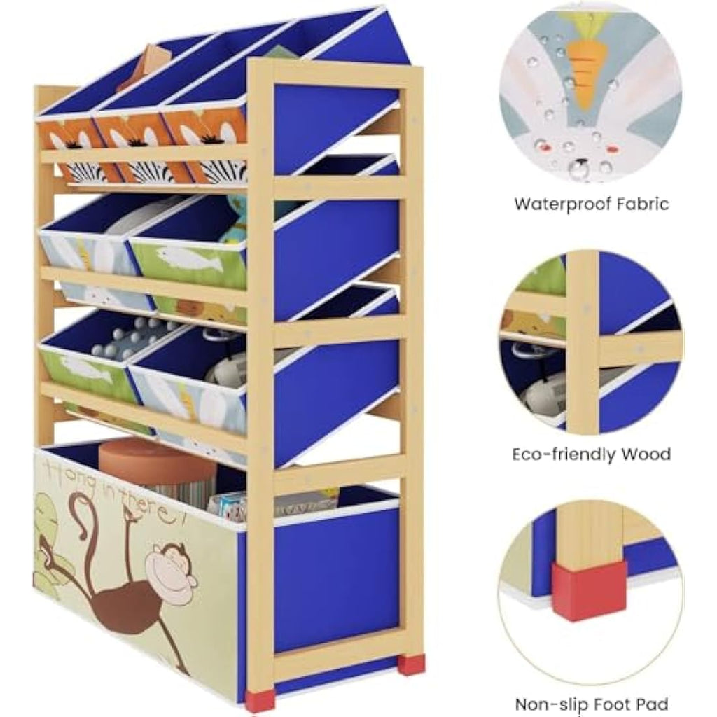 Dripex Kids Toy Storage Unit – 4 Tier Wooden Organiser with 8 Fabric Bins