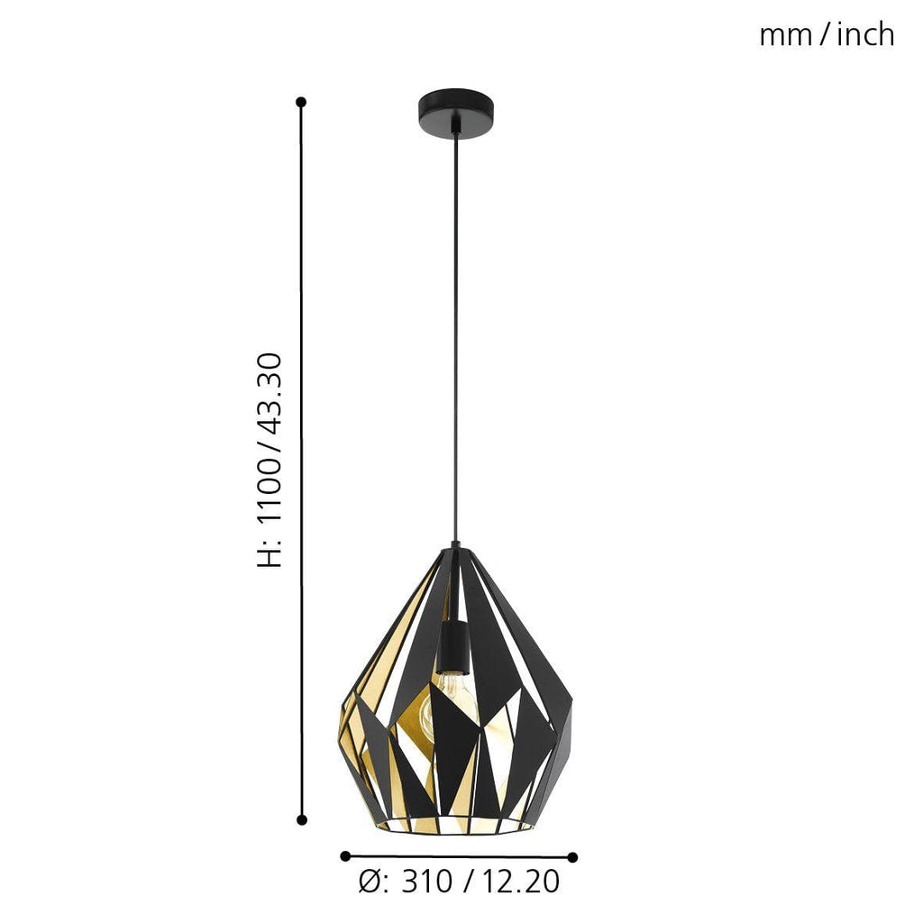 Eglo Carlton 1 Vintage Pendant Lamp | Black & Gold Geometric Steel
