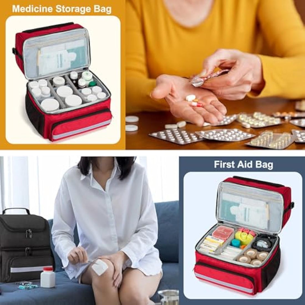 CURMIO Double Layer Medicine Storage Bag | Portable First Aid Organiser, Red