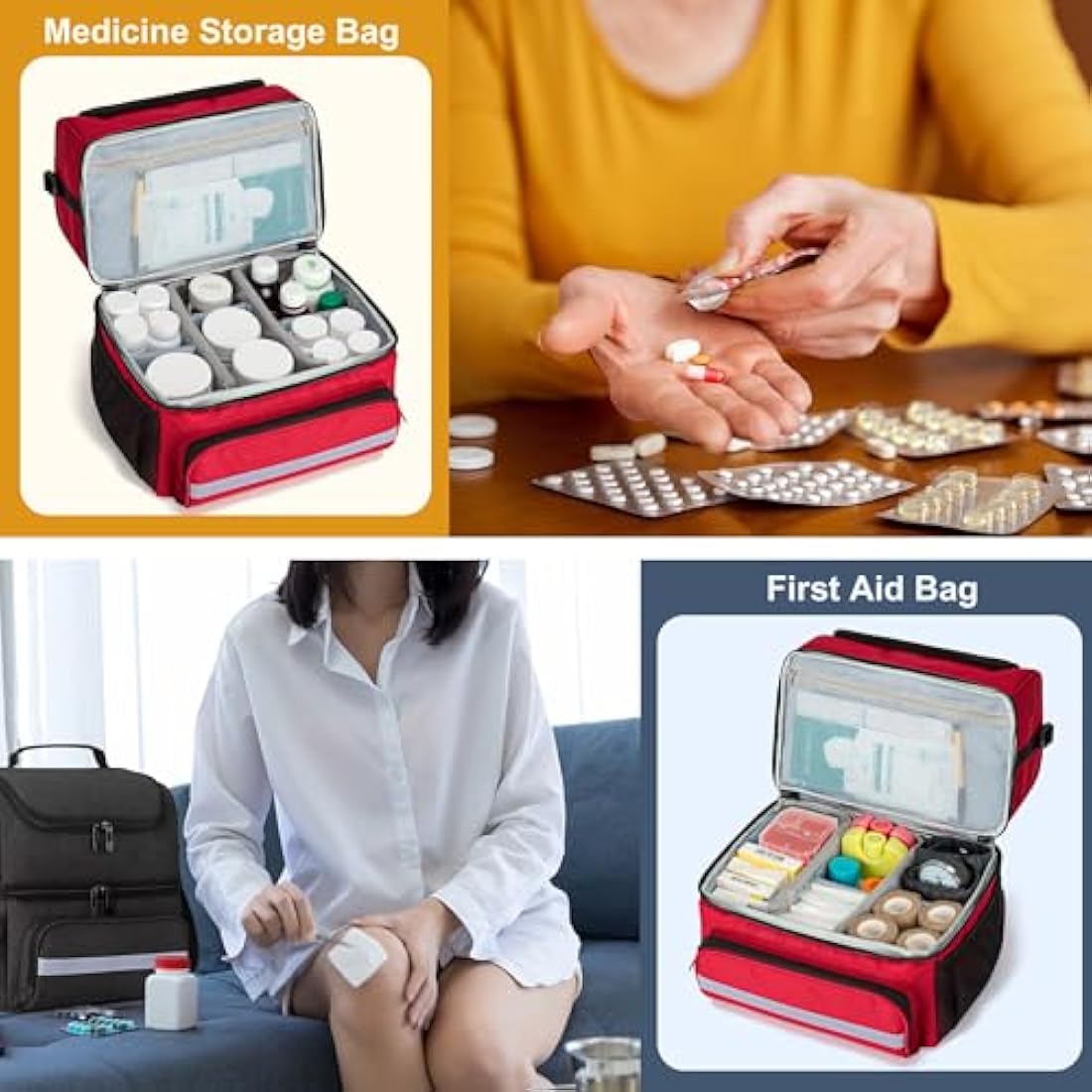 CURMIO Double Layer Medicine Storage Bag | Portable First Aid Organiser, Red