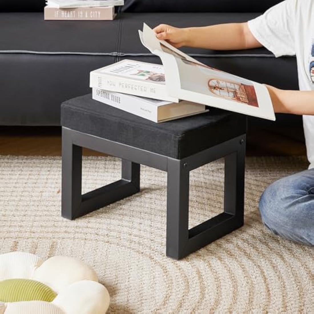 IBUYKE Small Foot Stool – Padded Upholstered Ottoman Shoe Bench, Black