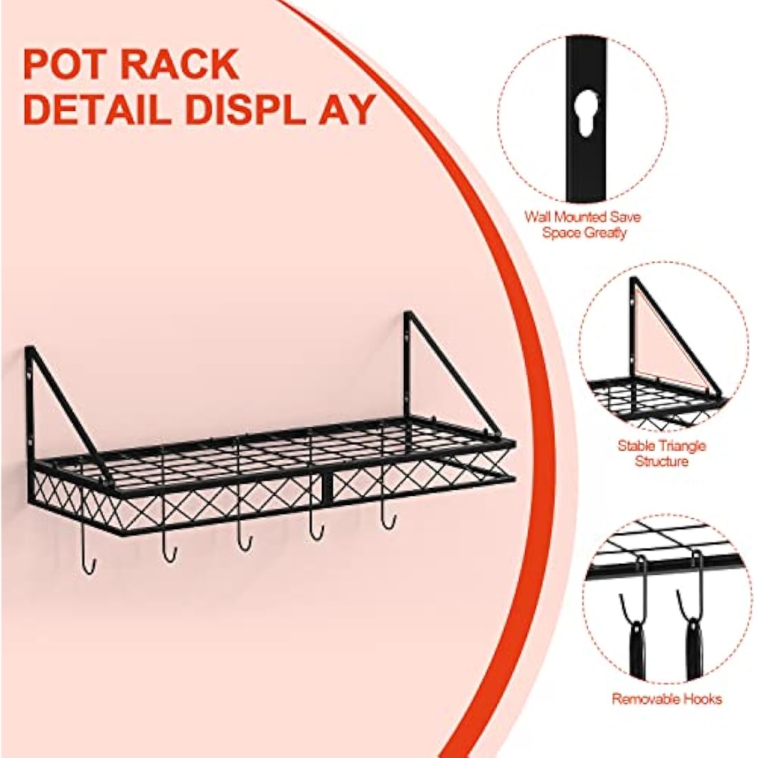Mutool 70CM Wall Mount Pot Pan Rack | Metal Kitchen Shelf with 10 Hooks