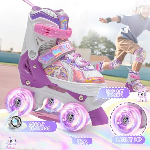 OLYSPM Kids Roller Skates – 4 Sizes Adjustable Quad Skates with LED Wheels
