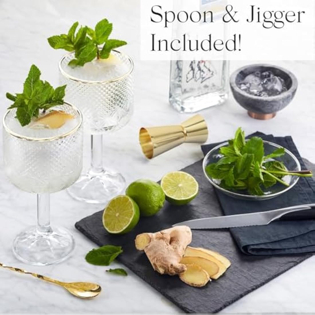 Jolof Store Gold Rimmed Gin Glasses Set of 2 | Crystal Cut Copa Gift Set