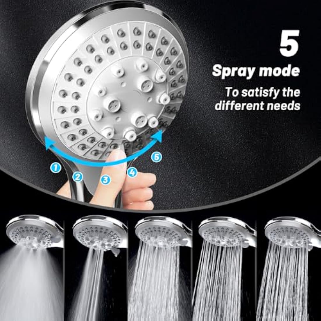 VEHHE Pressure Boosting Shower Head | 5 Modes with 1.5m Chrome Hose
