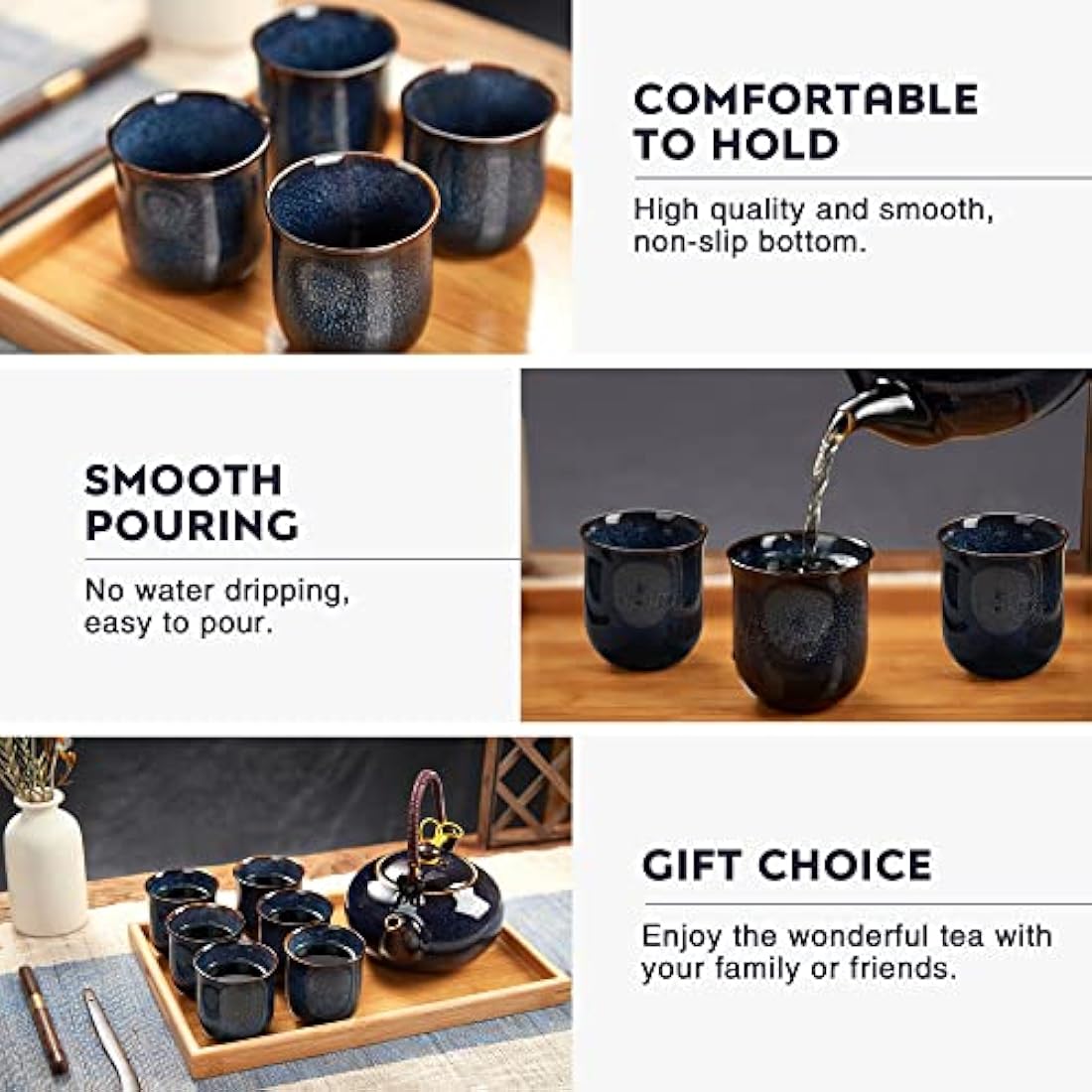 DUJUST Japanese Porcelain Tea Set - Kiln Glaze Teapot & 6 Cups with Tray