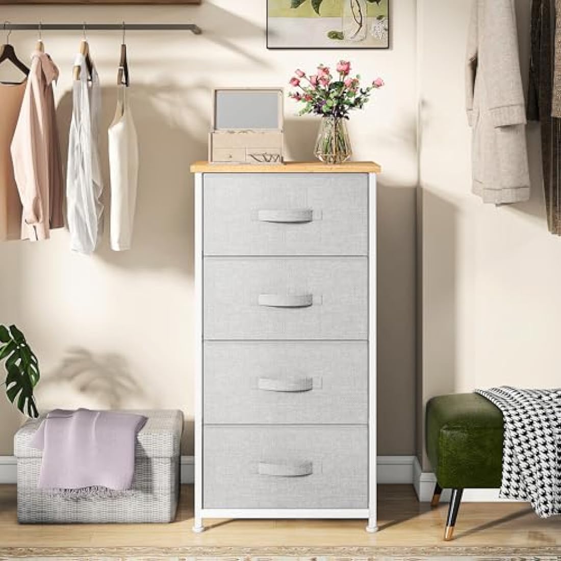 DWVO 4 Fabric Drawer Chest – Steel Frame Bedroom Dresser, Light Grey